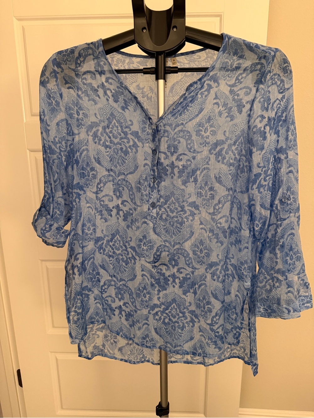 grand & greene Blue Damask Print V-Neck Blouse